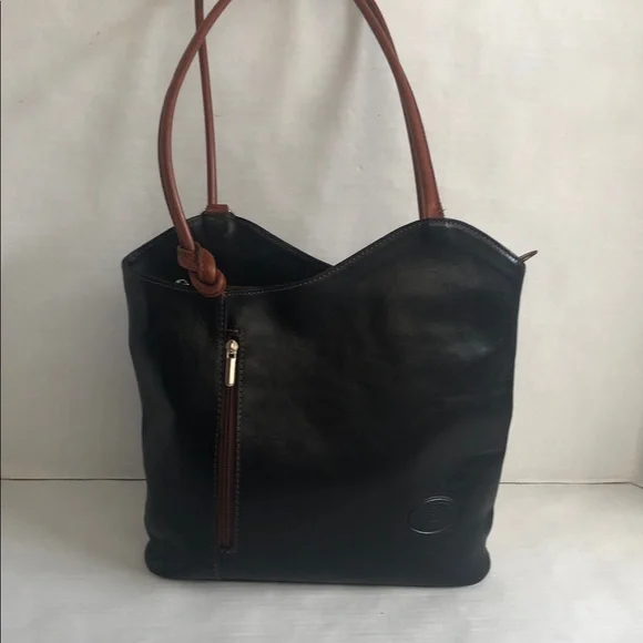 Vera Pelle Italian Leather Black/Brown Shoulder Backpack Bag - Picture 3 of 16